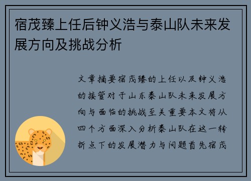 宿茂臻上任后钟义浩与泰山队未来发展方向及挑战分析